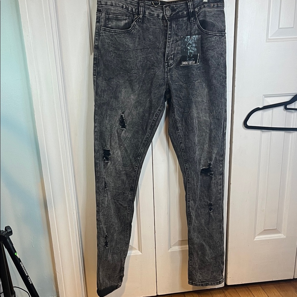NWT SMOKE & ASH 32 x 32 Men's Distressed Washed Black Jeans straight leg